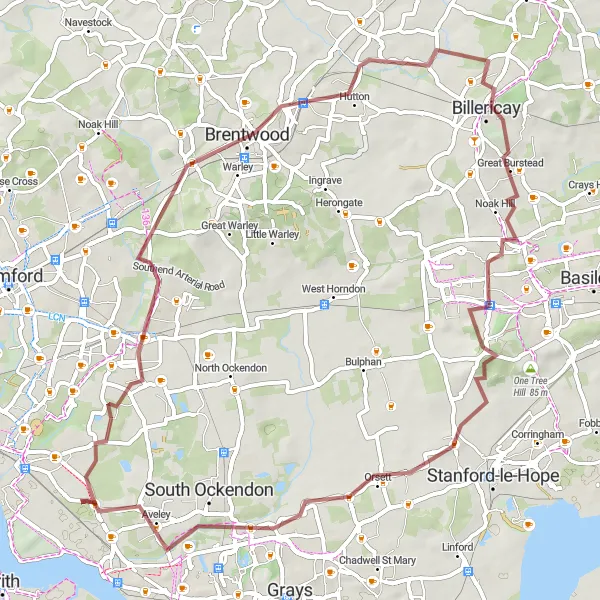 Map miniature of "Rainham- Upminster- Shenfield- Billericay- Aveley Loop" cycling inspiration in Outer London — East and North East, United Kingdom. Generated by Tarmacs.app cycling route planner