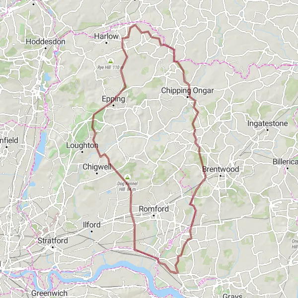 Map miniature of "Rainham- Dagenham- Thornwood Common- Chipping Ongar- Upminster Loop" cycling inspiration in Outer London — East and North East, United Kingdom. Generated by Tarmacs.app cycling route planner