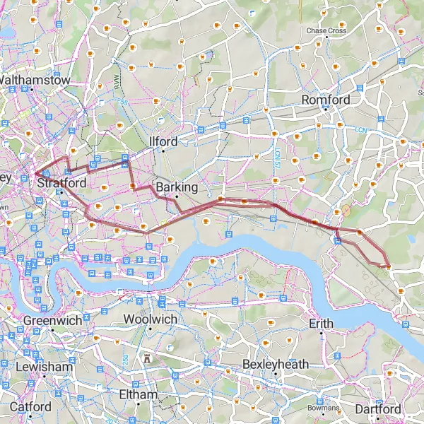 Map miniature of "Cycling the River Trail" cycling inspiration in Outer London — East and North East, United Kingdom. Generated by Tarmacs.app cycling route planner