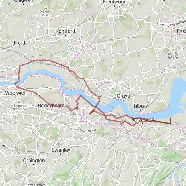 Map miniature of "Rainham- Swanscombe- Gravesend- Bexleyheath- Beckton Alps Loop" cycling inspiration in Outer London — East and North East, United Kingdom. Generated by Tarmacs.app cycling route planner