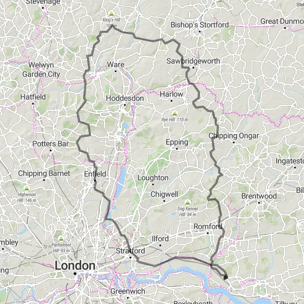 Map miniature of "East London Hill Ride" cycling inspiration in Outer London — East and North East, United Kingdom. Generated by Tarmacs.app cycling route planner