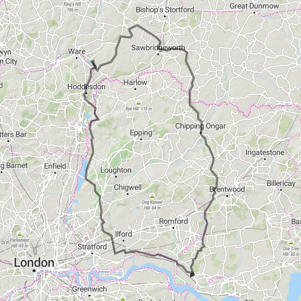 Map miniature of "Exploring Northeast London" cycling inspiration in Outer London — East and North East, United Kingdom. Generated by Tarmacs.app cycling route planner