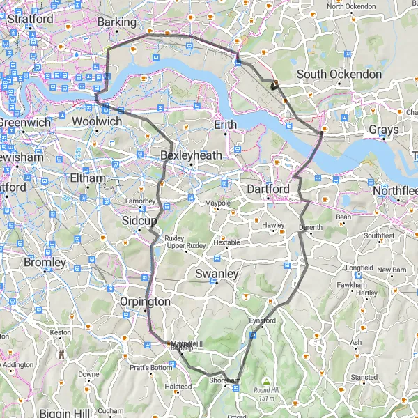 Map miniature of "Exploring Southeast London" cycling inspiration in Outer London — East and North East, United Kingdom. Generated by Tarmacs.app cycling route planner