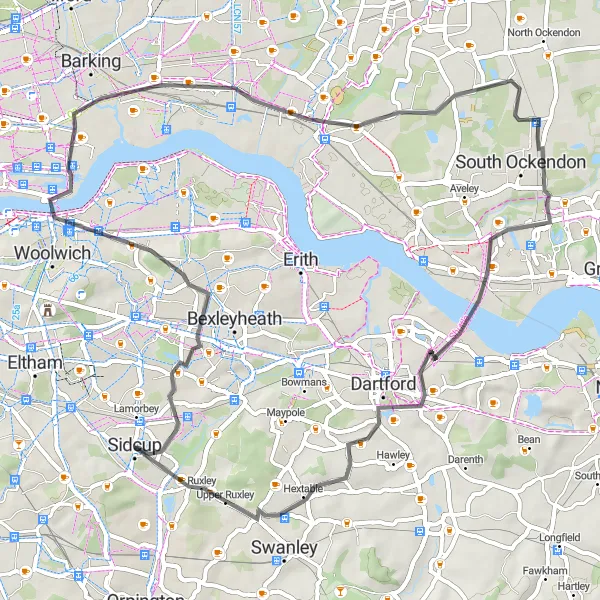 Map miniature of "Historical Road Ride" cycling inspiration in Outer London — East and North East, United Kingdom. Generated by Tarmacs.app cycling route planner