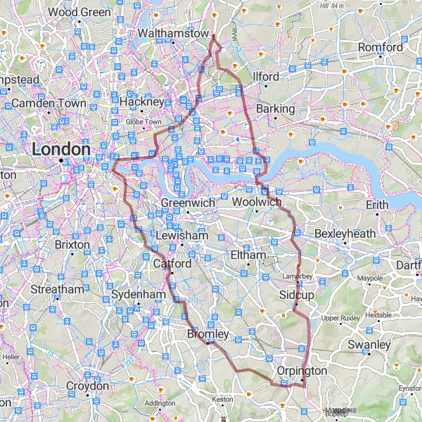 Map miniature of "Hidden Gems of East London" cycling inspiration in Outer London — East and North East, United Kingdom. Generated by Tarmacs.app cycling route planner