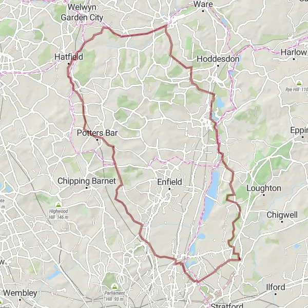 Map miniature of "Wood Green Gravel Adventure" cycling inspiration in Outer London — East and North East, United Kingdom. Generated by Tarmacs.app cycling route planner