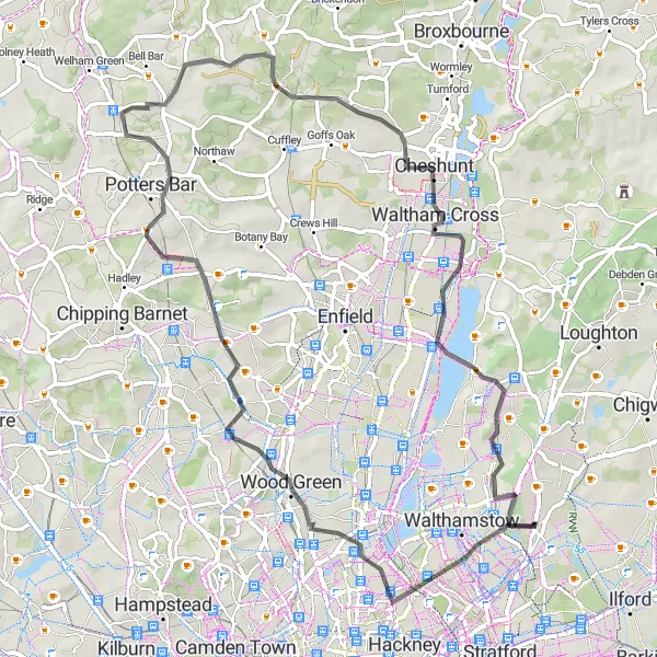 Map miniature of "Cockfosters and Cheshunt Loop" cycling inspiration in Outer London — East and North East, United Kingdom. Generated by Tarmacs.app cycling route planner