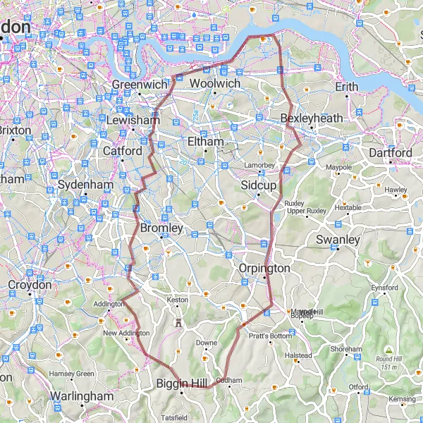 Map miniature of "Thamesmead Gravel Adventure" cycling inspiration in Outer London — East and North East, United Kingdom. Generated by Tarmacs.app cycling route planner