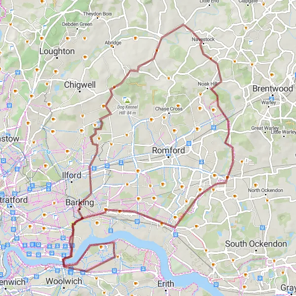 Map miniature of "Thamesmead - Lookout Hill - Barking - Chigwell Row - Upminster - Dagenham - Abbey Wood" cycling inspiration in Outer London — East and North East, United Kingdom. Generated by Tarmacs.app cycling route planner