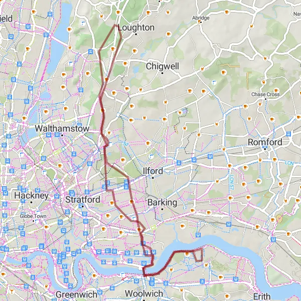 Map miniature of "Thamesmead - Beckton - Wanstead - Buckhurst Hill - Upton Park - Beckton Alps - Lookout Hill - Thamesmead" cycling inspiration in Outer London — East and North East, United Kingdom. Generated by Tarmacs.app cycling route planner