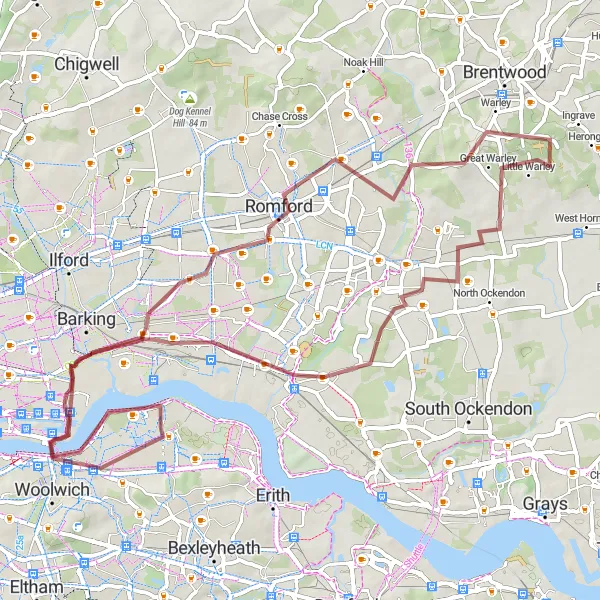 Map miniature of "Thamesmead - Lookout Hill - Becontree Heath - Harold Wood - Cranham - Rainham - Abbey Wood" cycling inspiration in Outer London — East and North East, United Kingdom. Generated by Tarmacs.app cycling route planner