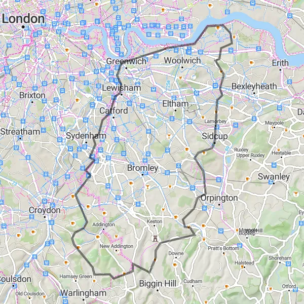 Map miniature of "Thamesmead - Chislehurst - Farleigh - Penge - Cutty Sark - One Tree Hill - North Woolwich - Lookout Hill" cycling inspiration in Outer London — East and North East, United Kingdom. Generated by Tarmacs.app cycling route planner