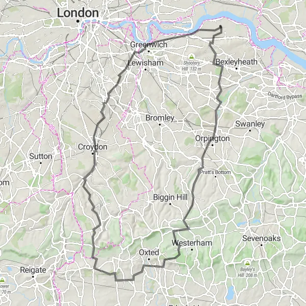 Map miniature of "Challenging Road Cycling Loop" cycling inspiration in Outer London — East and North East, United Kingdom. Generated by Tarmacs.app cycling route planner