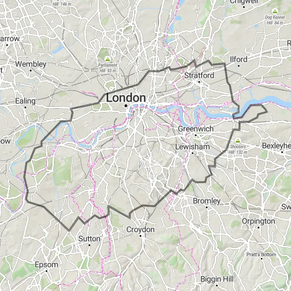Map miniature of "Road Cycling Challenge" cycling inspiration in Outer London — East and North East, United Kingdom. Generated by Tarmacs.app cycling route planner
