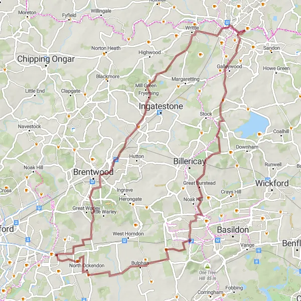 Map miniature of "Scenic Essex Gravel Tour" cycling inspiration in Outer London — East and North East, United Kingdom. Generated by Tarmacs.app cycling route planner
