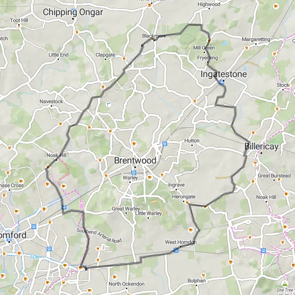 Map miniature of "Cranham Circular Road Ride" cycling inspiration in Outer London — East and North East, United Kingdom. Generated by Tarmacs.app cycling route planner