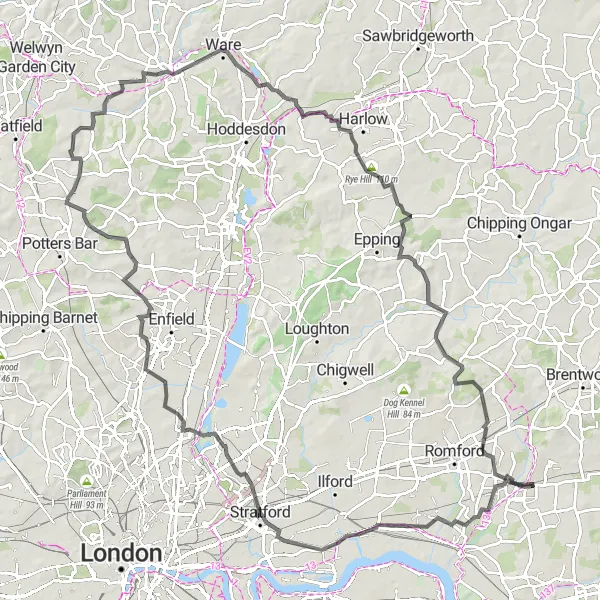 Map miniature of "Exploring North East London" cycling inspiration in Outer London — East and North East, United Kingdom. Generated by Tarmacs.app cycling route planner