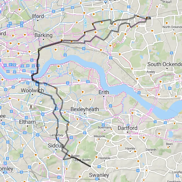 Map miniature of "Urban Cycling in East London" cycling inspiration in Outer London — East and North East, United Kingdom. Generated by Tarmacs.app cycling route planner