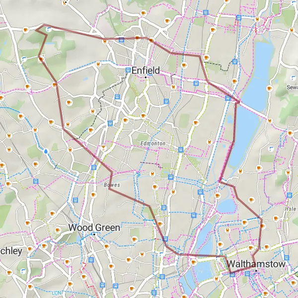 Map miniature of "Gravel Adventure in the Heart of North East London" cycling inspiration in Outer London — East and North East, United Kingdom. Generated by Tarmacs.app cycling route planner