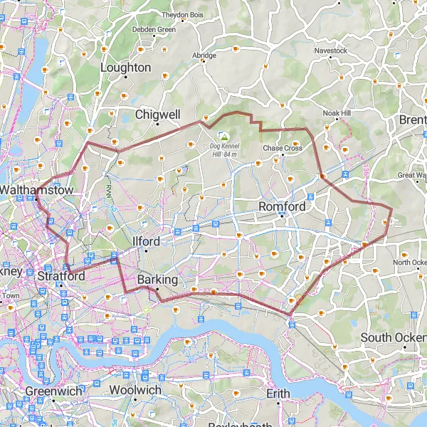 Map miniature of "The Woodford Explorer" cycling inspiration in Outer London — East and North East, United Kingdom. Generated by Tarmacs.app cycling route planner