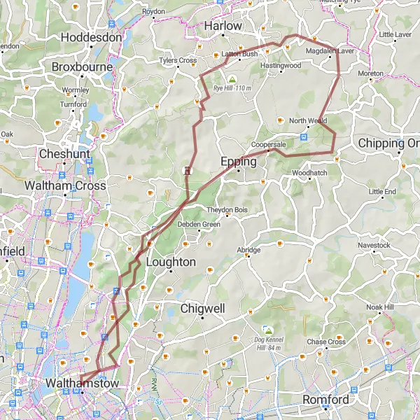 Map miniature of "The Gravel Hills Adventure" cycling inspiration in Outer London — East and North East, United Kingdom. Generated by Tarmacs.app cycling route planner