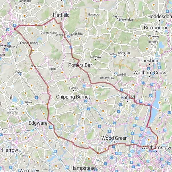 Map miniature of "Walthamstow – Hertfordshire Round-Trip" cycling inspiration in Outer London — East and North East, United Kingdom. Generated by Tarmacs.app cycling route planner