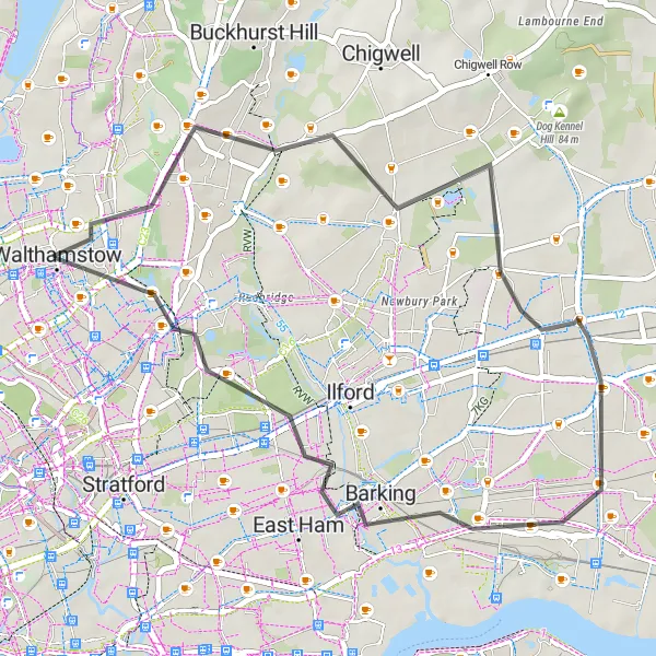 Map miniature of "Walthamstow Woodford Loop" cycling inspiration in Outer London — East and North East, United Kingdom. Generated by Tarmacs.app cycling route planner
