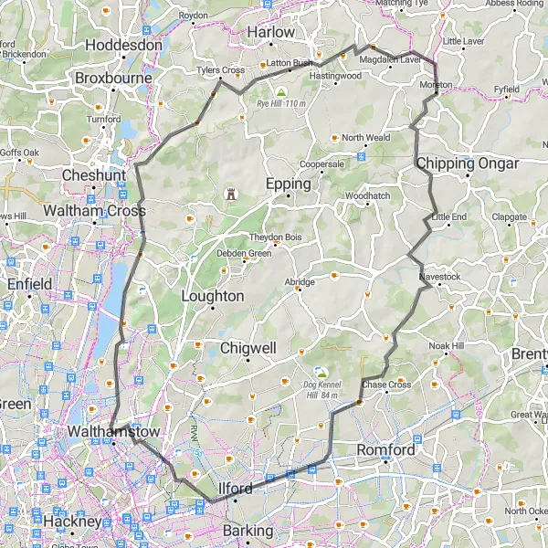 Map miniature of "Challenging Road Ride Through East Hertfordshire" cycling inspiration in Outer London — East and North East, United Kingdom. Generated by Tarmacs.app cycling route planner
