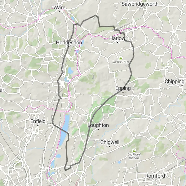 Map miniature of "Rolling Hills Ride from Waltham Cross to Woodford Green" cycling inspiration in Outer London — East and North East, United Kingdom. Generated by Tarmacs.app cycling route planner
