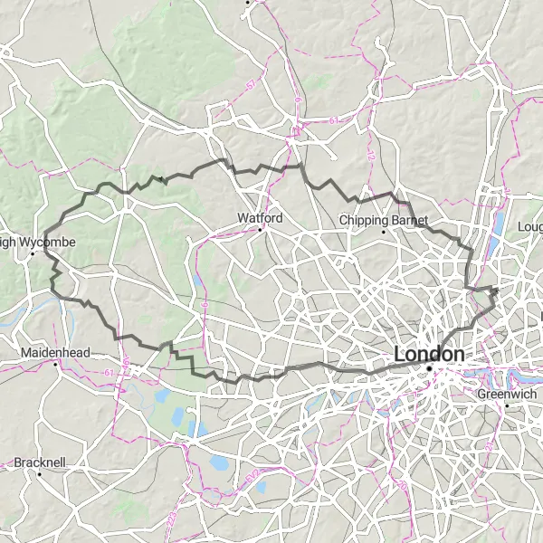 Map miniature of "The London Grand Tour" cycling inspiration in Outer London — East and North East, United Kingdom. Generated by Tarmacs.app cycling route planner