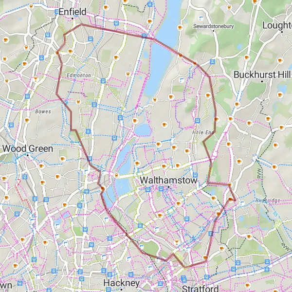 Map miniature of "Tottenham and Chingford Gravel Loop" cycling inspiration in Outer London — East and North East, United Kingdom. Generated by Tarmacs.app cycling route planner