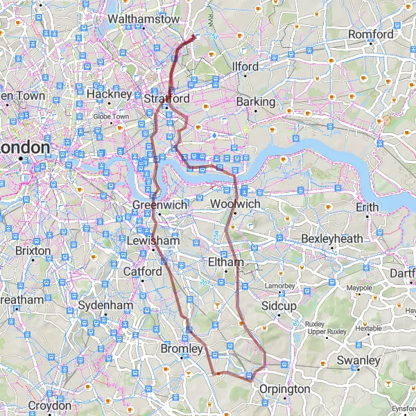 Map miniature of "East and West London Loop" cycling inspiration in Outer London — East and North East, United Kingdom. Generated by Tarmacs.app cycling route planner