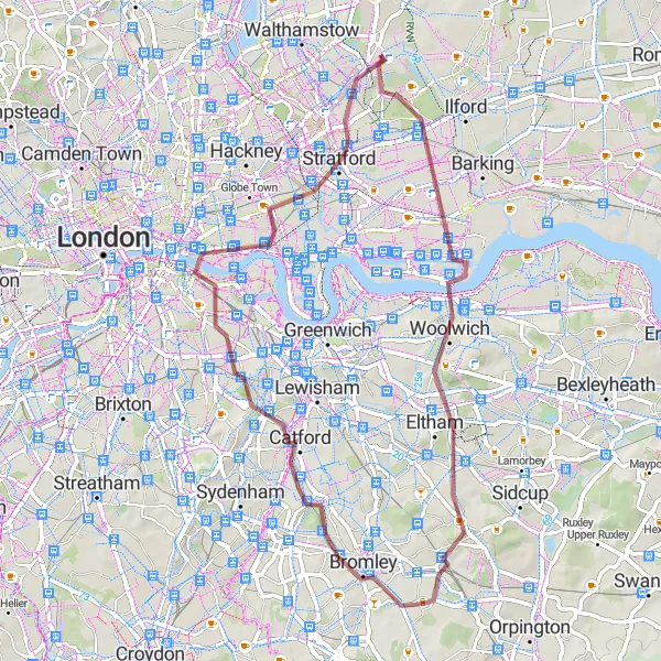 Map miniature of "Discovering East Ham and Beyond" cycling inspiration in Outer London — East and North East, United Kingdom. Generated by Tarmacs.app cycling route planner