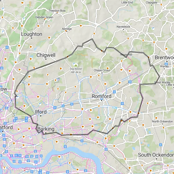 Map miniature of "Wanstead and Barking Road Challenge" cycling inspiration in Outer London — East and North East, United Kingdom. Generated by Tarmacs.app cycling route planner