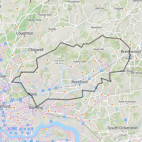 Map miniature of "Barkingside to Dagenham Heritage Trail" cycling inspiration in Outer London — East and North East, United Kingdom. Generated by Tarmacs.app cycling route planner