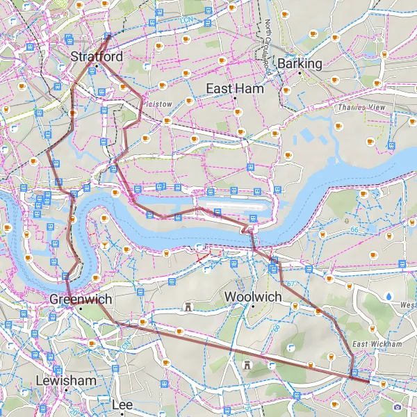 Map miniature of "Thames and Castle Gravel Ride" cycling inspiration in Outer London — East and North East, United Kingdom. Generated by Tarmacs.app cycling route planner