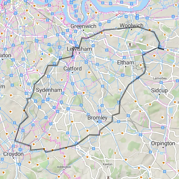 Map miniature of "Road to Rural Bickley" cycling inspiration in Outer London — East and North East, United Kingdom. Generated by Tarmacs.app cycling route planner