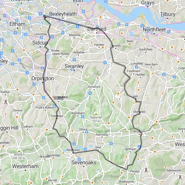 Map miniature of "Kentish Countryside Challenge" cycling inspiration in Outer London — East and North East, United Kingdom. Generated by Tarmacs.app cycling route planner