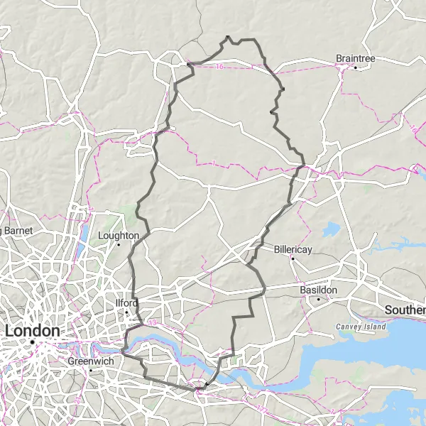 Map miniature of "East London Odyssey" cycling inspiration in Outer London — East and North East, United Kingdom. Generated by Tarmacs.app cycling route planner