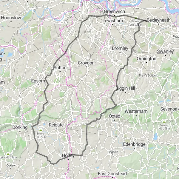 Map miniature of "Challenging Hills and Landscapes" cycling inspiration in Outer London — East and North East, United Kingdom. Generated by Tarmacs.app cycling route planner