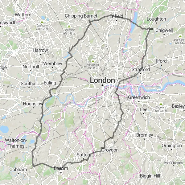 Map miniature of "London Royal Parks Grand Circuit" cycling inspiration in Outer London — East and North East, United Kingdom. Generated by Tarmacs.app cycling route planner