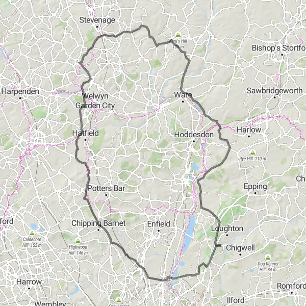 Map miniature of "Woodford Green to Bumble's Green" cycling inspiration in Outer London — East and North East, United Kingdom. Generated by Tarmacs.app cycling route planner