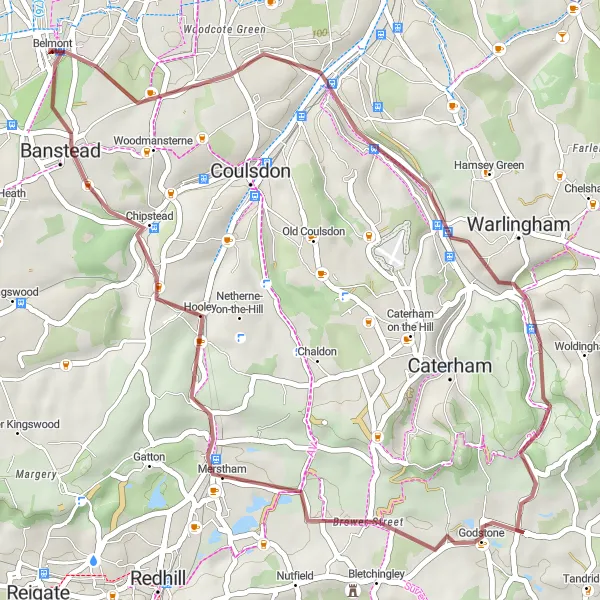 Map miniature of "Discovering Rural Gems" cycling inspiration in Outer London — South, United Kingdom. Generated by Tarmacs.app cycling route planner