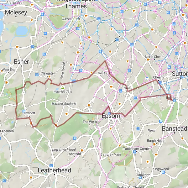 Map miniature of "Epsom and Claygate Gravel Adventure" cycling inspiration in Outer London — South, United Kingdom. Generated by Tarmacs.app cycling route planner