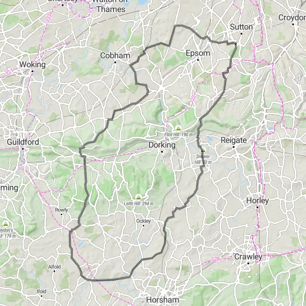 Map miniature of "The Surrey Hills and Shere" cycling inspiration in Outer London — South, United Kingdom. Generated by Tarmacs.app cycling route planner