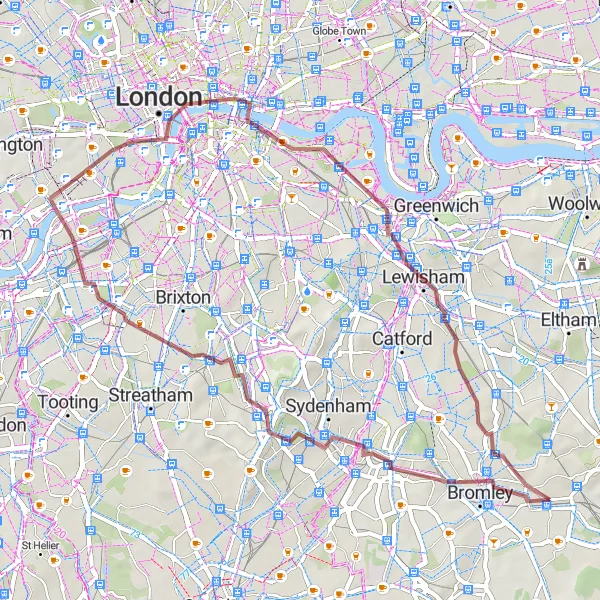 Map miniature of "Bickley Loop via Lewisham and Chelsea" cycling inspiration in Outer London — South, United Kingdom. Generated by Tarmacs.app cycling route planner