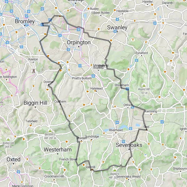 Map miniature of "St Mary Cray to Cudham" cycling inspiration in Outer London — South, United Kingdom. Generated by Tarmacs.app cycling route planner