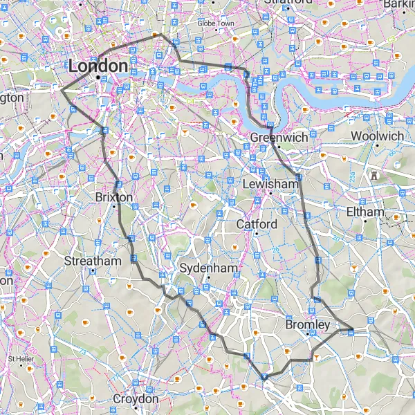 Map miniature of "Anerley to Bickley Scenic Road Ride" cycling inspiration in Outer London — South, United Kingdom. Generated by Tarmacs.app cycling route planner