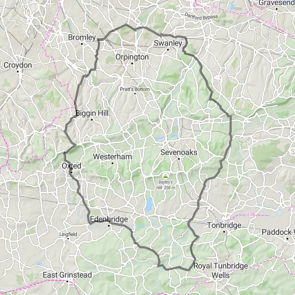 Map miniature of "Ruxley to Southborough Epic Road Ride" cycling inspiration in Outer London — South, United Kingdom. Generated by Tarmacs.app cycling route planner
