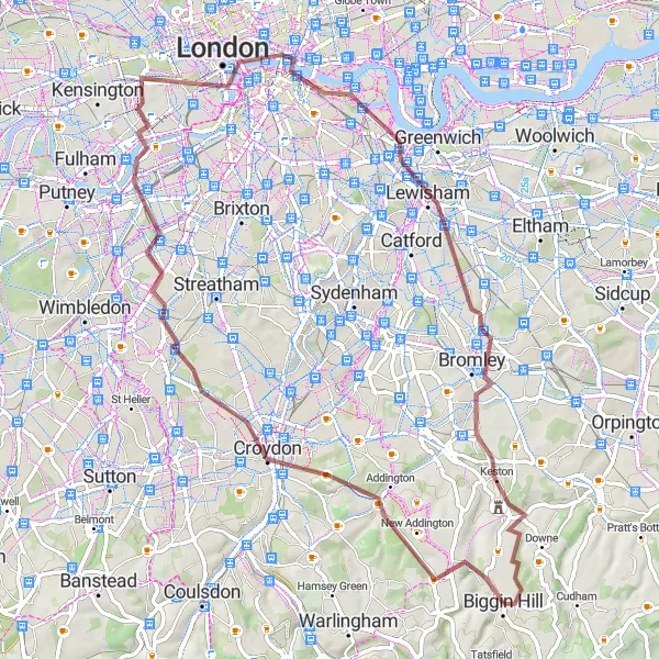 Map miniature of "Scenic Gravel Route from Croydon to Keston" cycling inspiration in Outer London — South, United Kingdom. Generated by Tarmacs.app cycling route planner